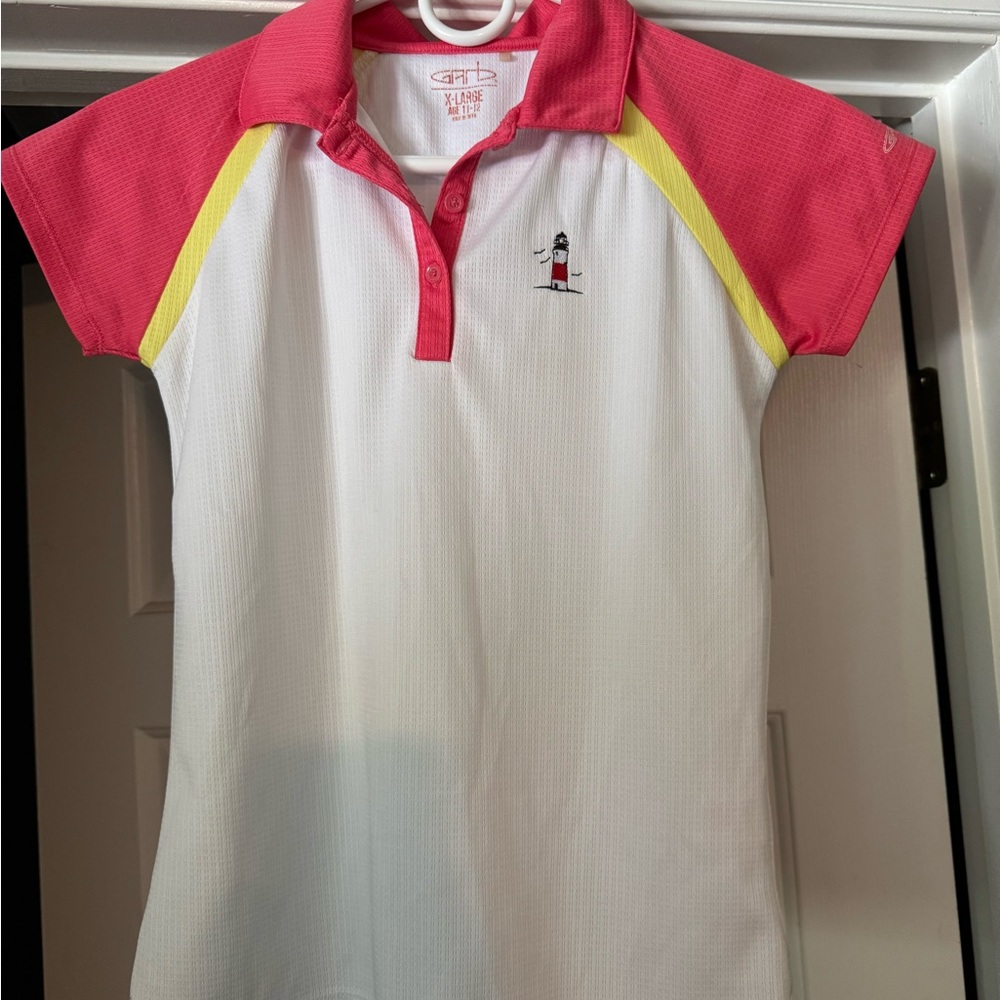 Salary Head Pink (salmon) and White Polo Shirt with Yellow Accents